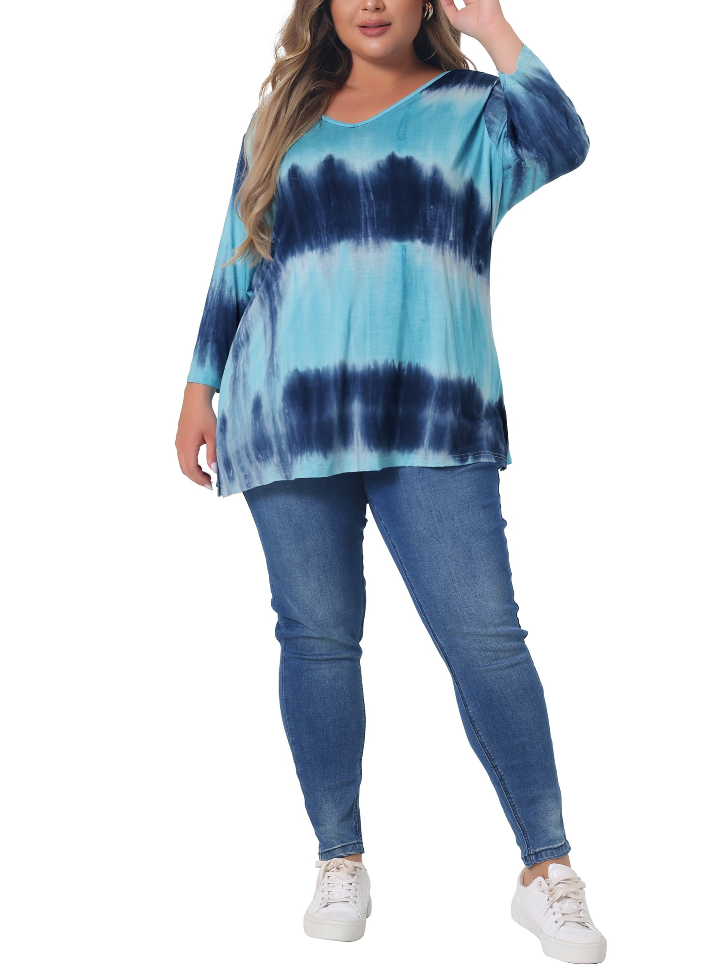 DARING DIVA Women's Plus Size V Neck 3/4 Sleeve Striped Tie Dye Blouse 3X Lake Blue