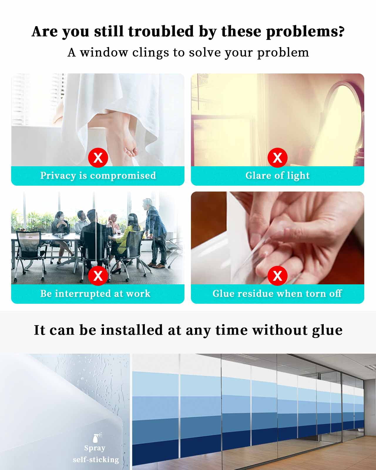 Window Privacy Film, Ombre Blue Grey UV Sun Blocking Window Tint Film Heat Control One Way Blackout Window Film, Simple Modern Farmhouse Stripes Non Adhesive Static Cling Window Sticker 35.4x78.7 In
