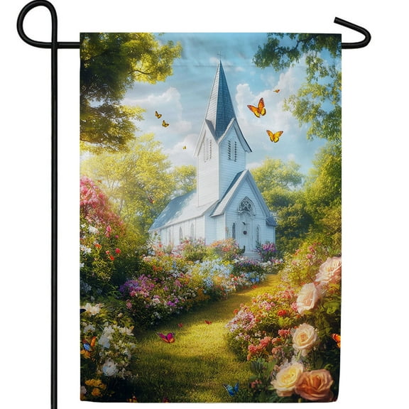 America Forever Country Church Garden Flag, 12.5 x 18 inch Double Sided, White Church Flower Garden Path, Spring Summer Church Roses Butterfly, Peaceful Church Flag
