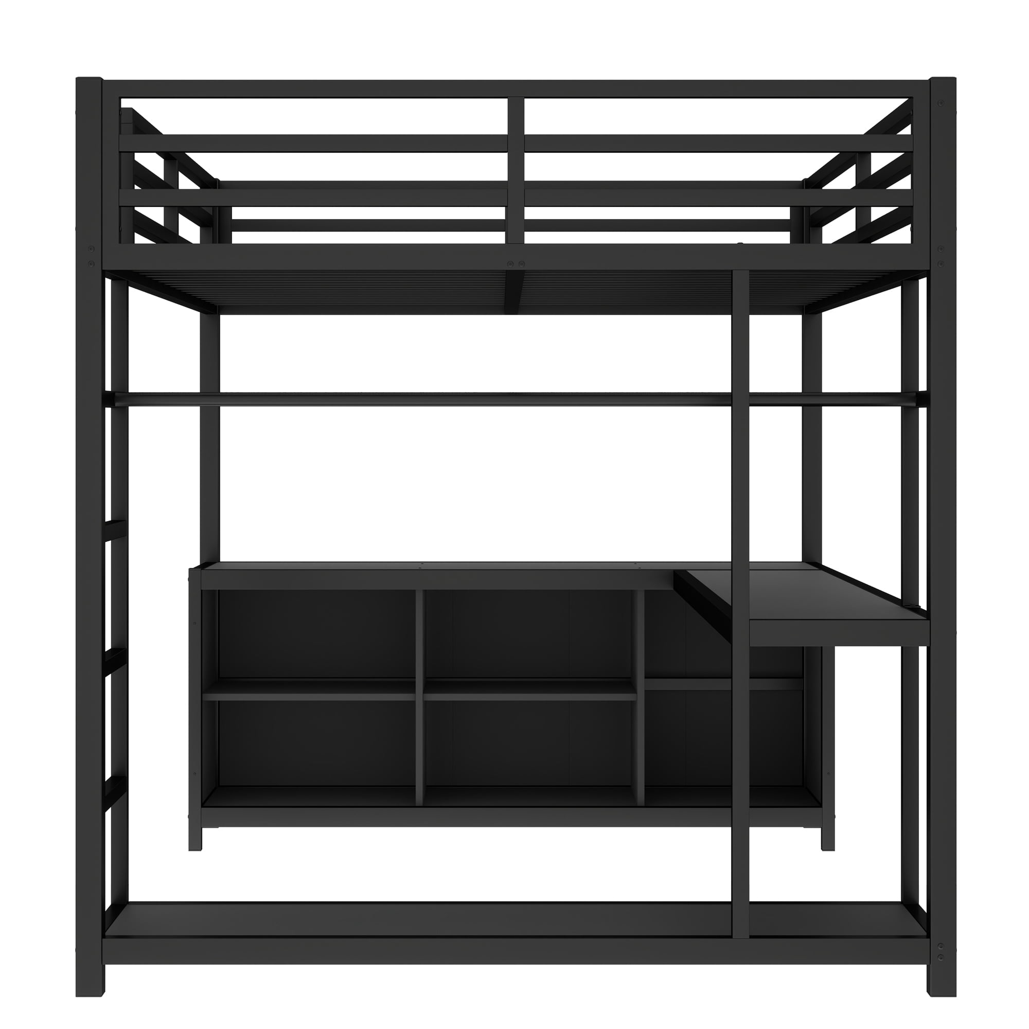 Aukfa Queen Metal Loft Bed with L-Shaped Desk, Clothes Rail, Storage Shelves & Cubes, Heavy-Duty Bed Frame for Kids, Teens & Adults, Black
