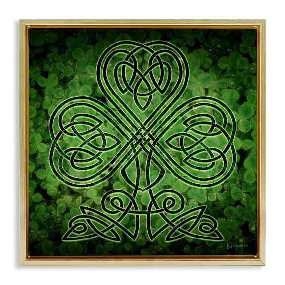 Stupell Industries Green Celtic Shamrock Knot Abstract Painting Gold Floater Framed Canvas Art Print Wall Art, 18 x 18