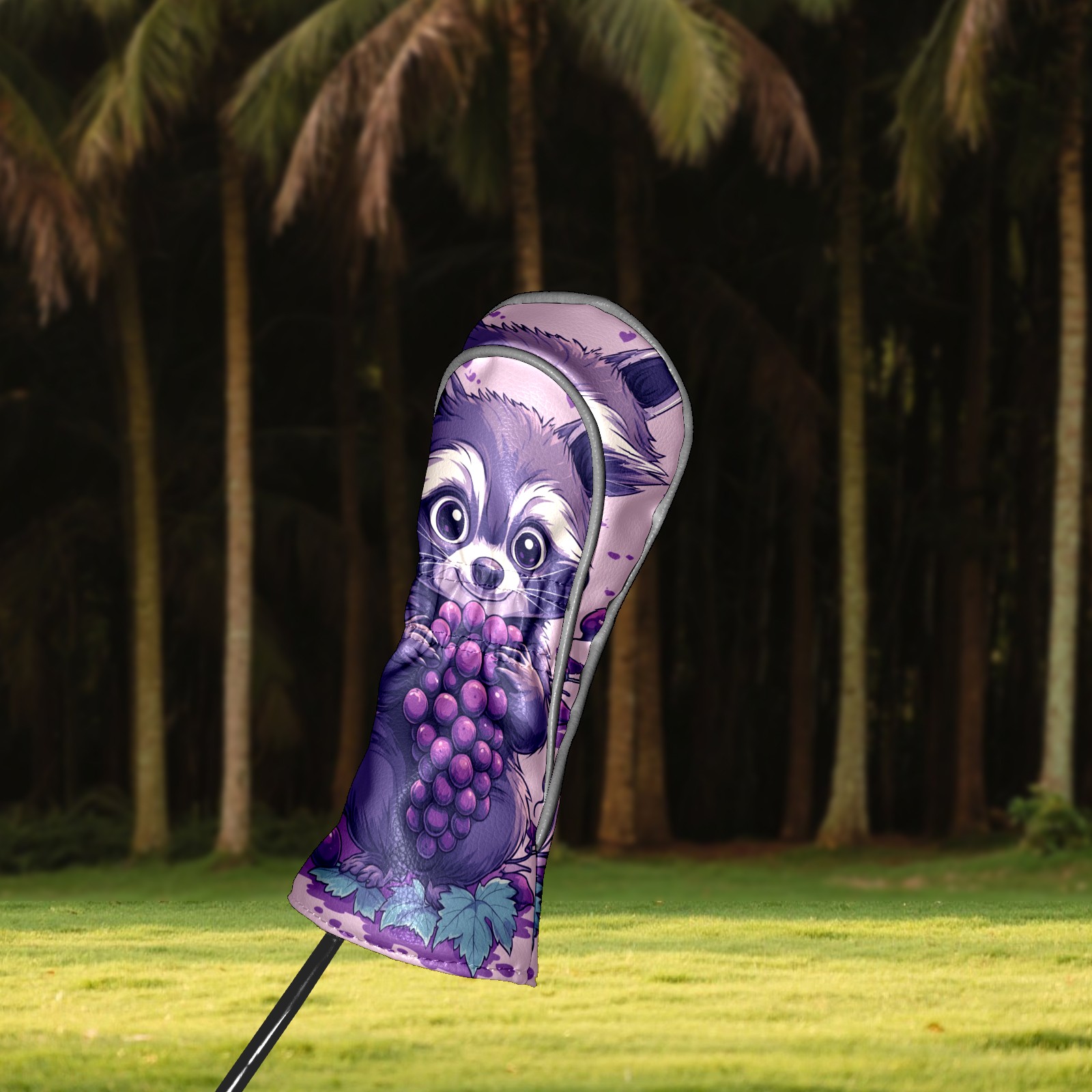 Golf Club Covers PU Leather Waterproof Head Covers for Fairway Woods Hybrids Cartoon Raccoon Grapes