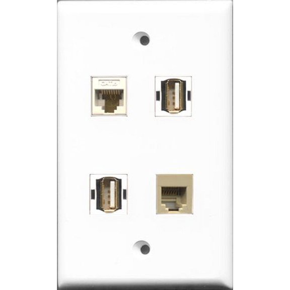 RiteAV - 2 Port USB A-A and 1 Port Phone RJ11 RJ12 Beige and 1 Port Cat6 Ethernet White Wall Plate