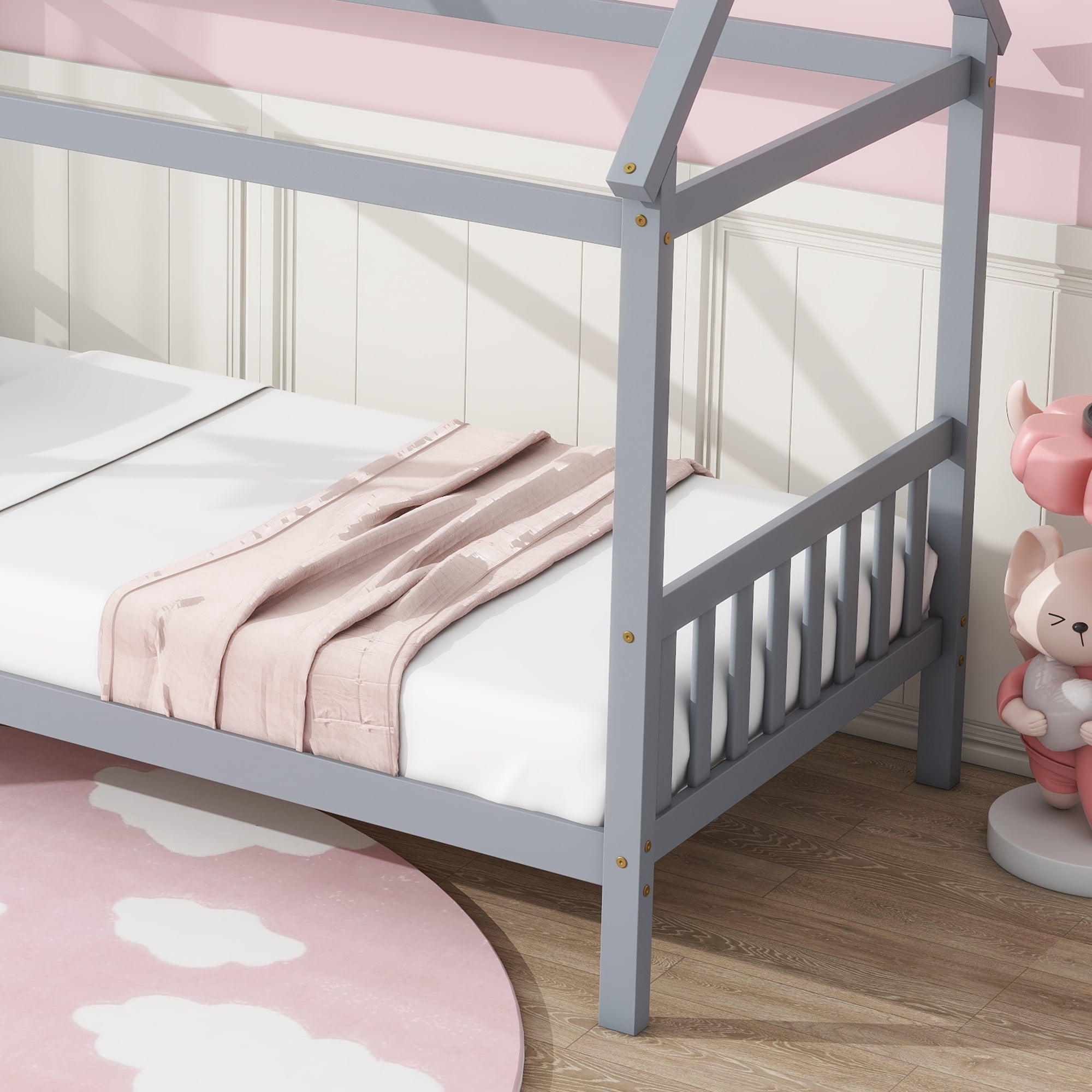 Miniyam Wood Twin Size Bed with House-shaped Design for Kids and Teens, Gray