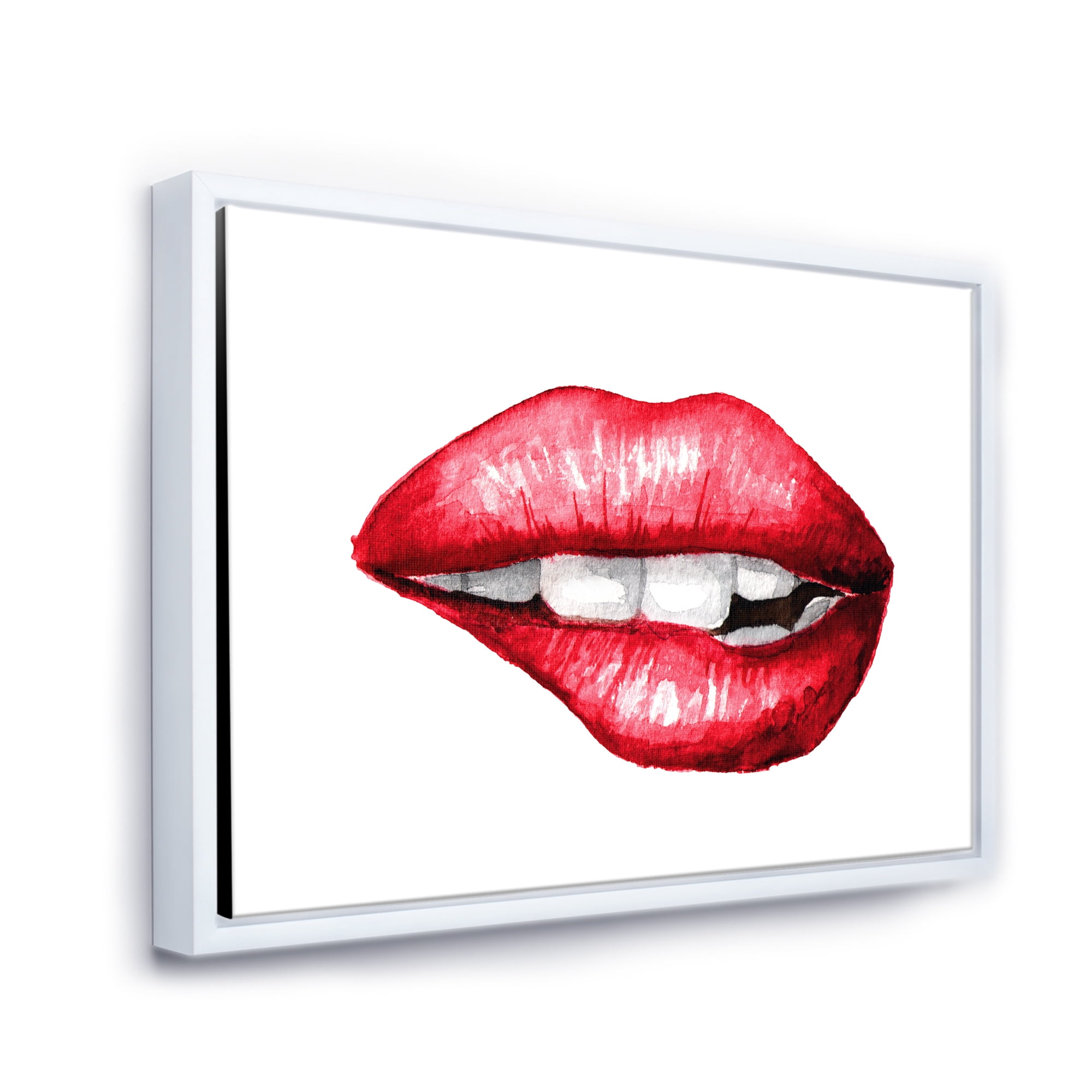 Designart 'Sexy Plump Puffy Girl Lips Biting' Modern Framed Canvas Wall Art Print
