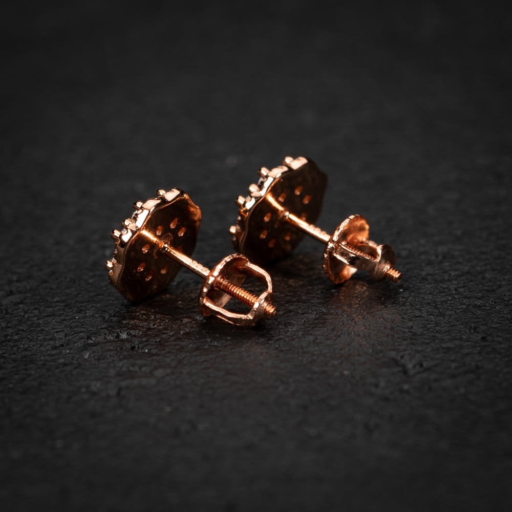 Pink Rose Gold Plated 925 Sterling Silver Screw Back Post Iced CZ Circle Flower Cluster Round Hip Hop Stud Earrings
