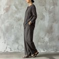 thumbnail image 2 of Morttic Women's Loose Solid Color Set – V-Neck Long Sleeve Shirt & Wide Leg Pants with Side Pockets Casual Vacation Outfit Dark Gray，S, 2 of 4