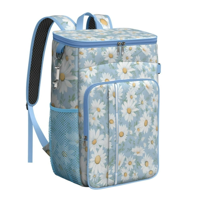 White Daisy Floral Cooler Backpack - 20L Insulated Lunch Backpack with Thickened Foam for Long-Lasting Cooling