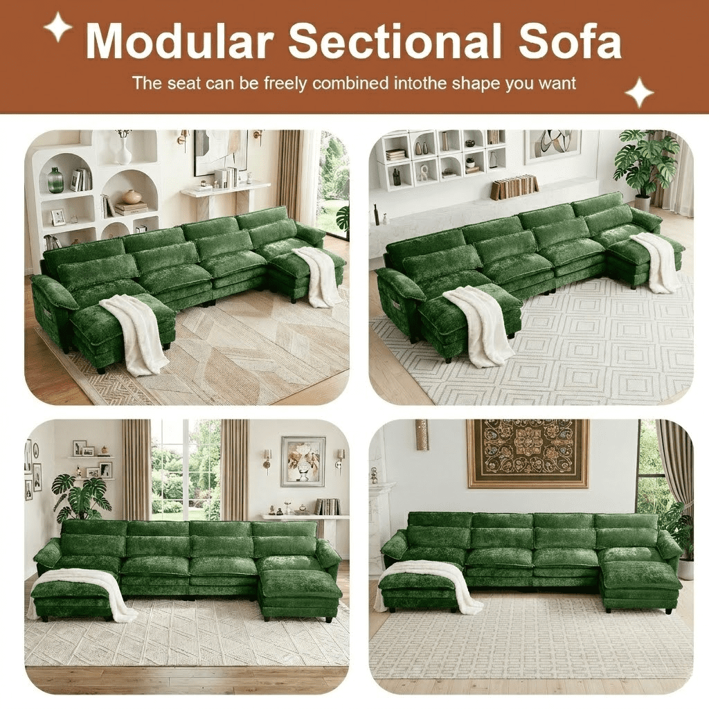 Howcool 148" Modular Sectional Sofa , 4 Seater U-Shaped Cloud Couch with Movable Ottoman, USB Charging Ports & Side Pockets, Sectional couchs for Living Room,Chenille Fabric,Green(Thick Sponge)