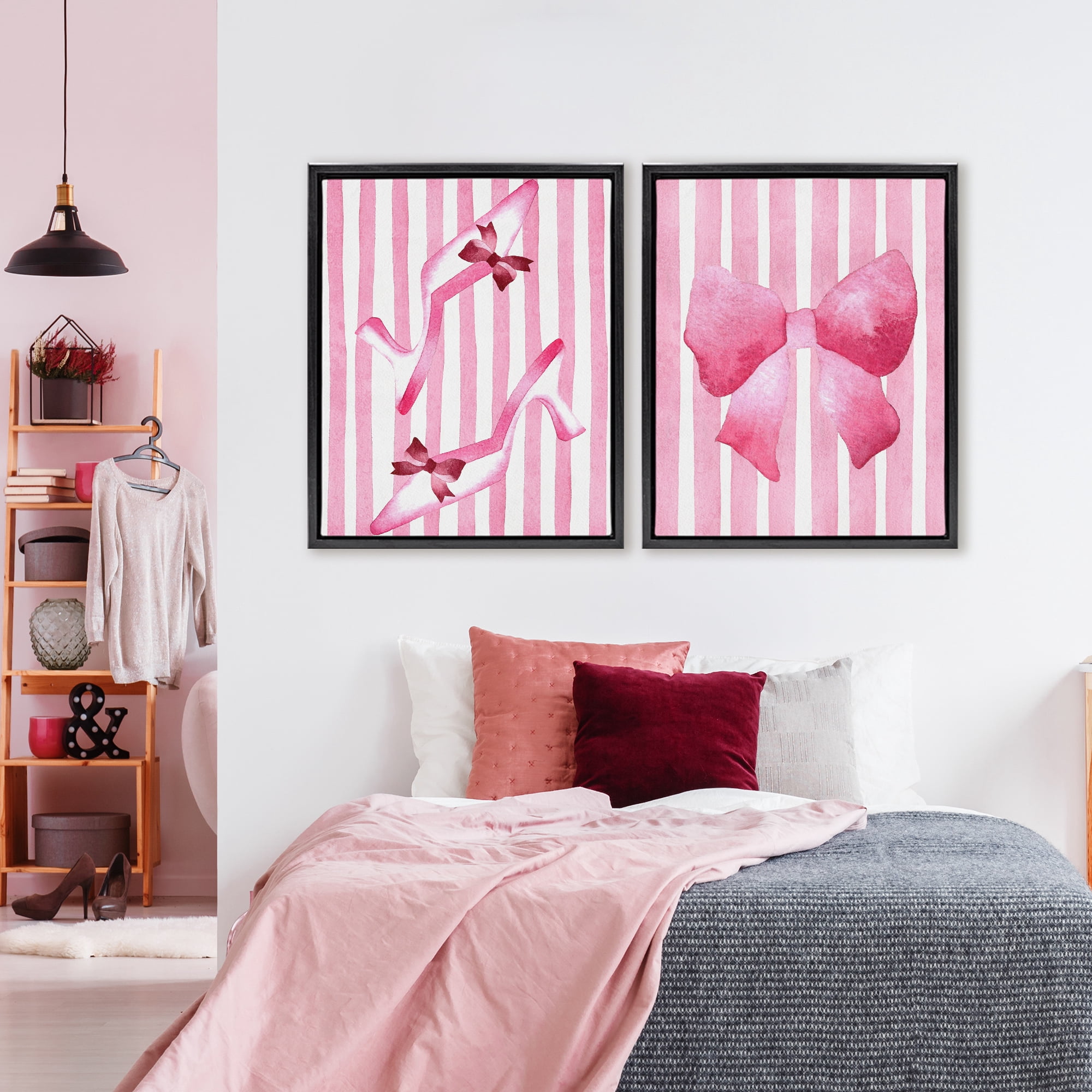 Stupell Industries Feminine Chic Bows Pink Stripes 2 Piece Black Framed Floater Canvas Set, design by Camila Juncos