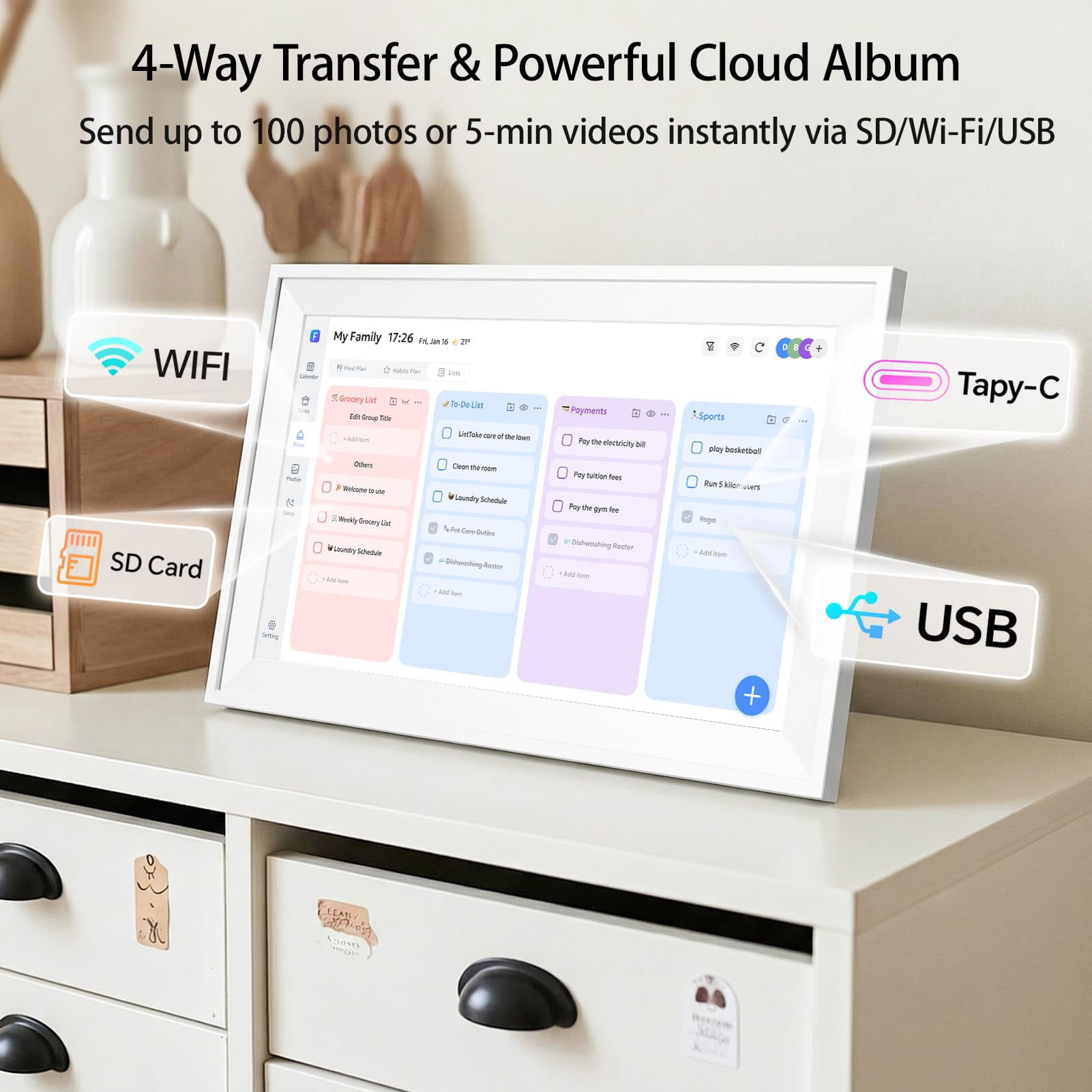 KissRabbit Digital Calendar, 15.6 Inch Wall Planner Electronic Calendar & Chore Chart, Smart Touchscreen for Family Schedules, Organizing Your Routines, Wall & Desk Mountable