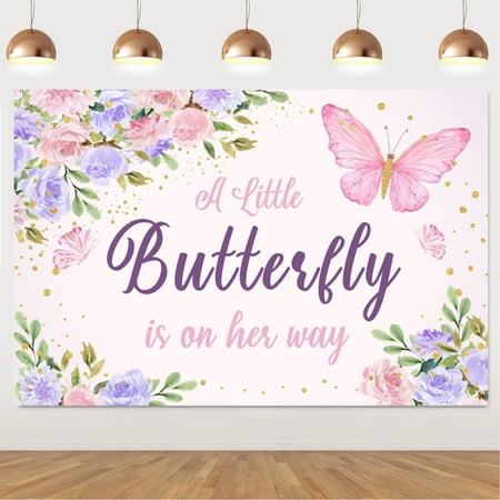 Image of 1*1.5m Butterfly Baby Shower Backdrop Decorations for Girl Pink and Purple A Little Butterfly Is on Her Way Backdrop with Butterfly Flowers Butterfly Baby Shower Party Supplies