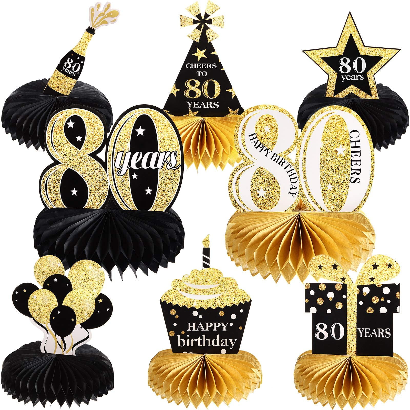 8 Pieces Happy Birthday Party Decorations Supplies Birthday Honeycomb Centerpieces Birthday Table Toppers for Birthday Party Favor Photo Booth Props Black and Gold