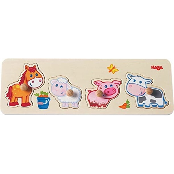 HABA Baby Farm Animals Clutching Puzzle - Rompecabezas de madera con perilla Jumbo de 4 pi HABA HABA