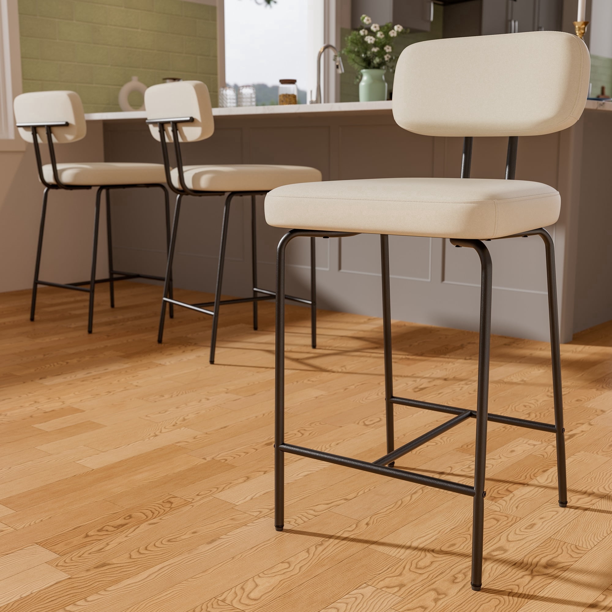 Ninecer Counter Height Bar Stools Set of 3, 26" White Bar Stools with Back and Metal Legs, Fabric Kitchen Counter Stools with Footrest and Wide Seat, Bar Chairs for Kitchen Island