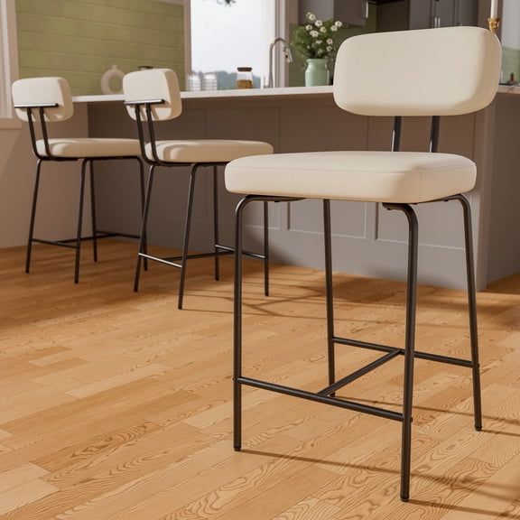 Ninecer Counter Height Bar Stools Set of 3, 26" White Bar Stools with Back and Metal Legs, Fabric Kitchen Counter Stools with Footrest and Wide Seat, Bar Chairs for Kitchen Island