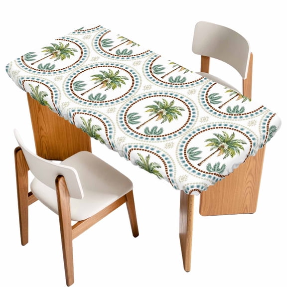 Palm Trees Table Cloths for 4 Foot Rectangle Tables, Green Summer Botanical Watercolor Patio Waterproof Elastic Fitted Tablecloths, Washable Rectangular Table Cover for Camping