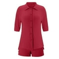 thumbnail image 4 of Women Linen 2 Piece Outfits Oversized Short Sleeve Button Down Shirt Blouse High Waist Short Summer Tracksuit Set, 4 of 4