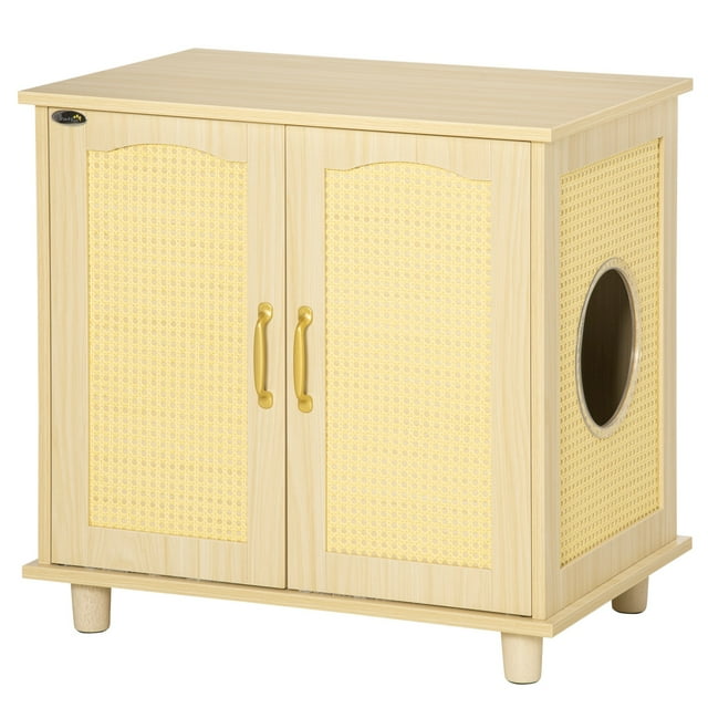 PawHut Cat Litter Box Enclosure with Soft Cushion, Indoor Cat Washroom Storage Bench End Table with PE Rattan Trim, Magnetic Doors, Easy Assembly, Oak