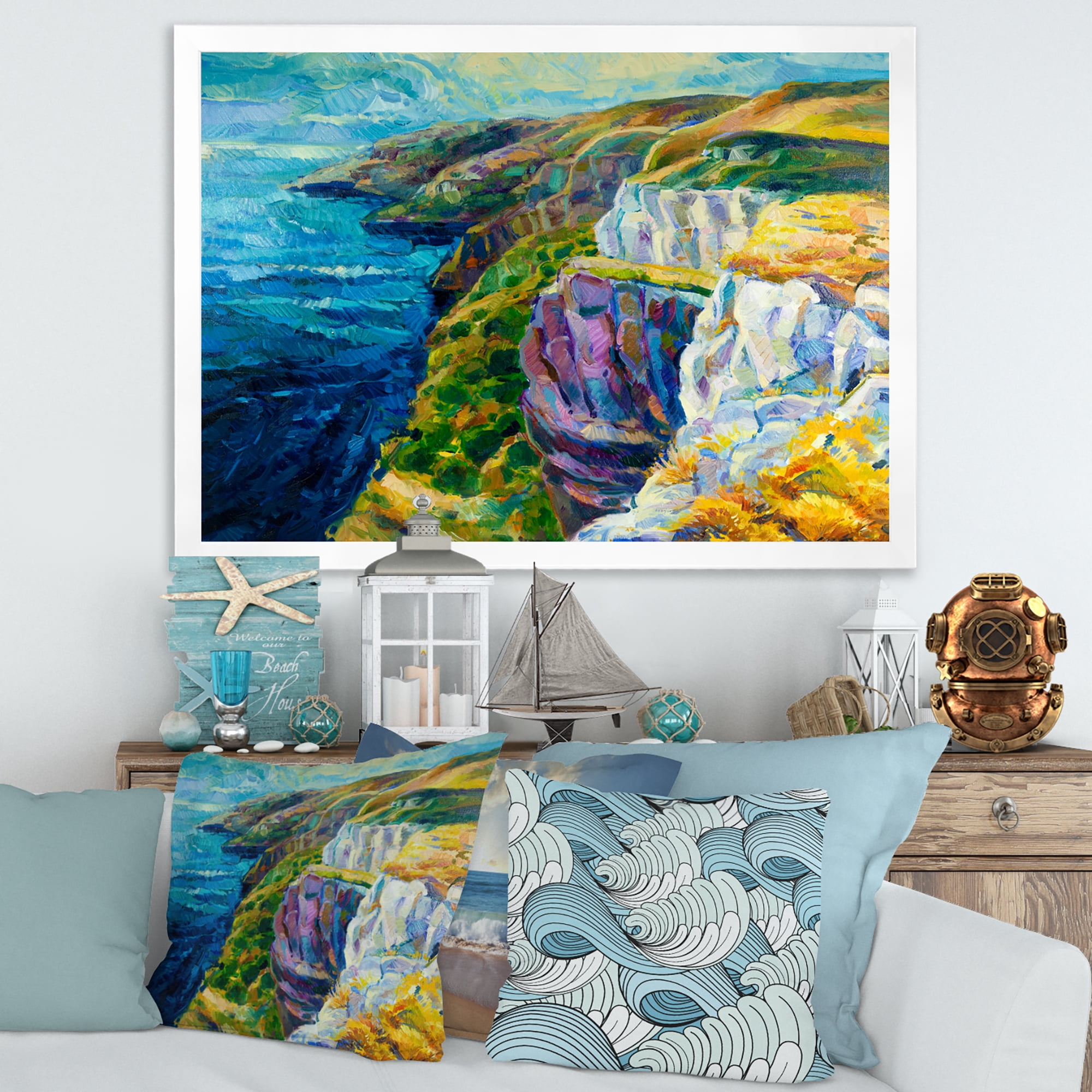 Designart 'The Blue Ocean By Rocky Cliffs II' Nautical & Coastal Framed Art Print