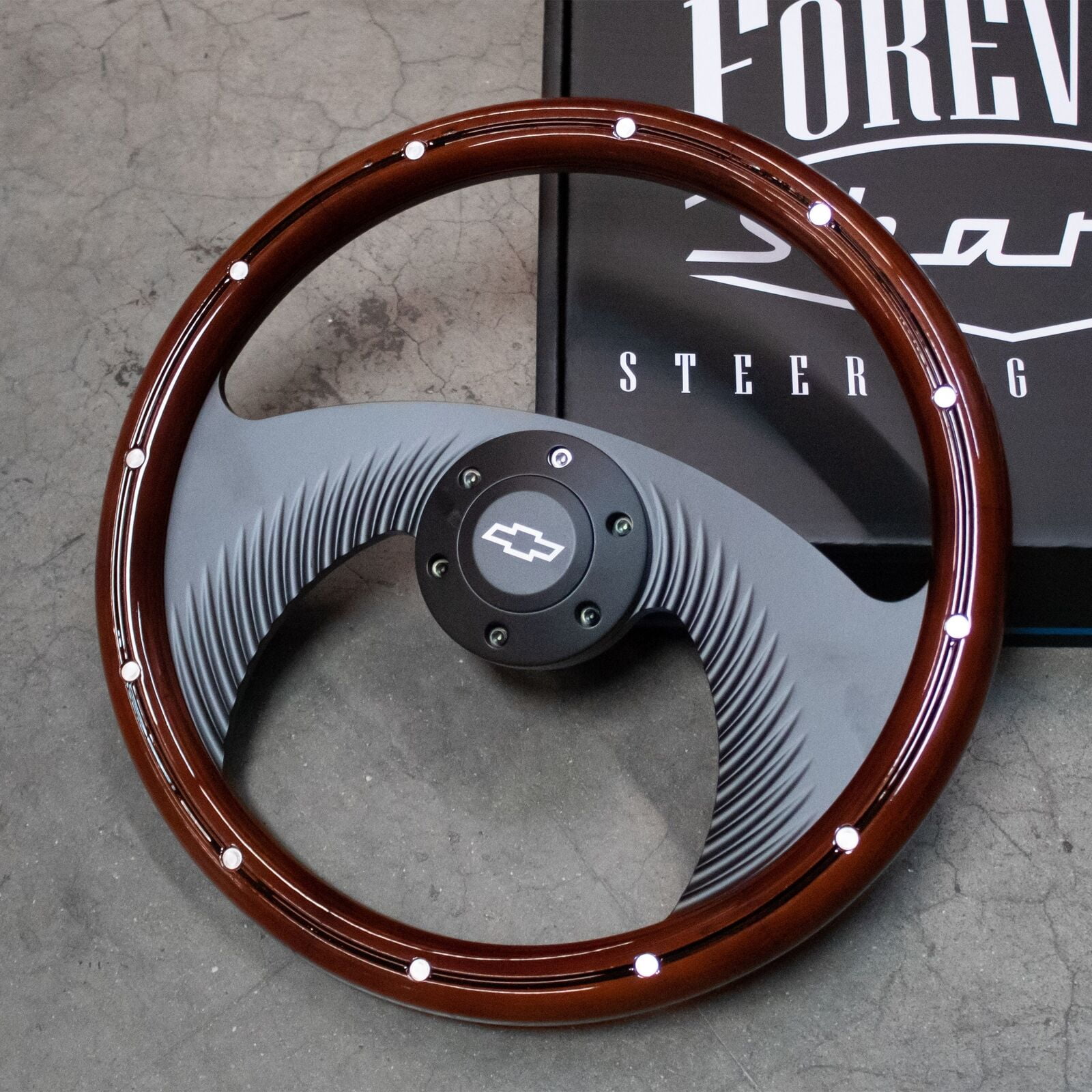 14" Black Flight Steering Wheel Mahogany Wood Grip Chevy Horn Button