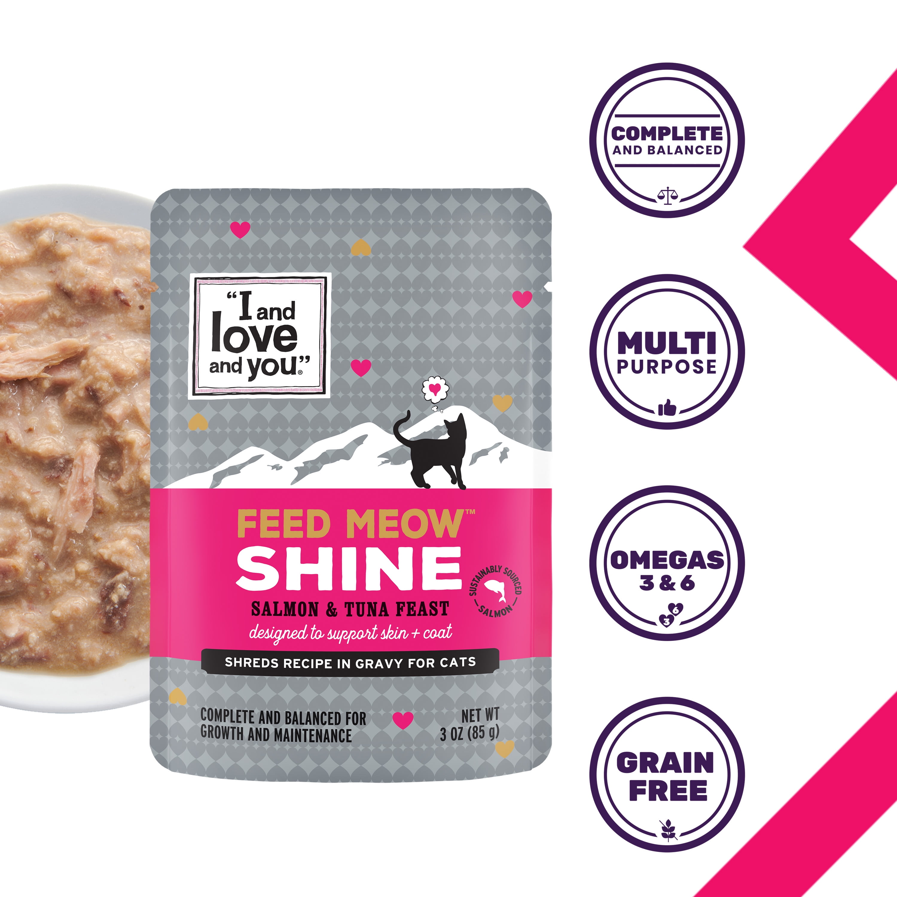 "I and love and you" Feed Meow Wet Cat Food, Shine Formula with Salmon and Tuna, 3oz Pouches, 12 count