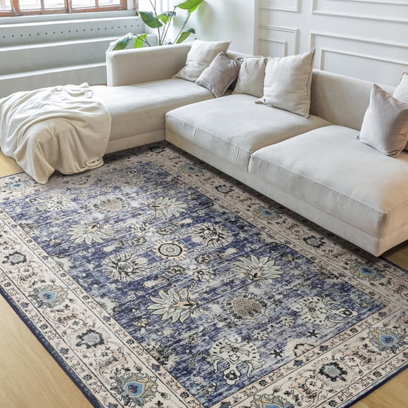 Alfombra de Área ULTSOFE Lavable 5x7 pies Bajas Púas Bohemia Floral Multiazul