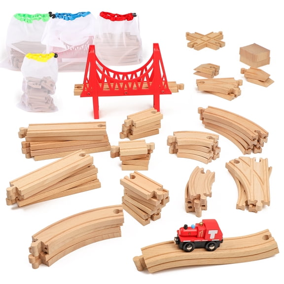 WudBudz Wooden Train Tracks Set 60 Pcs, Wood Train Track Expansion - 100% Compatible with All Major Brands