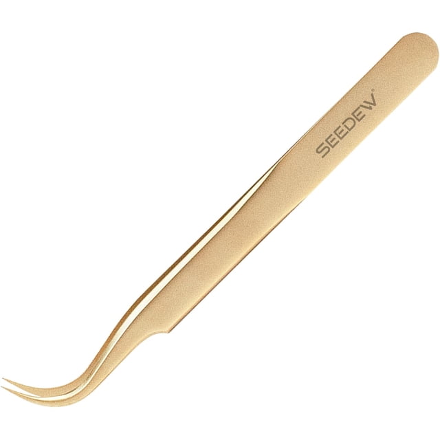 Seinew Pince à Épiler Extensions de Cils 1 PCS Pince à Épiler Pointue Courbée en Acier Inoxydable Fournitures de Précision Professionnelles Outils d'Application de Faux Cils pour Lash Tech, Débutant Artiste de Cils (Doré)