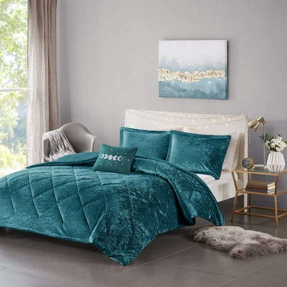 Noaman Full/Queen Velvet Duvet Cover Set with 2 Shams & Decorative Pillow, Teal Quilted Diamond Design, 100% Polyester
