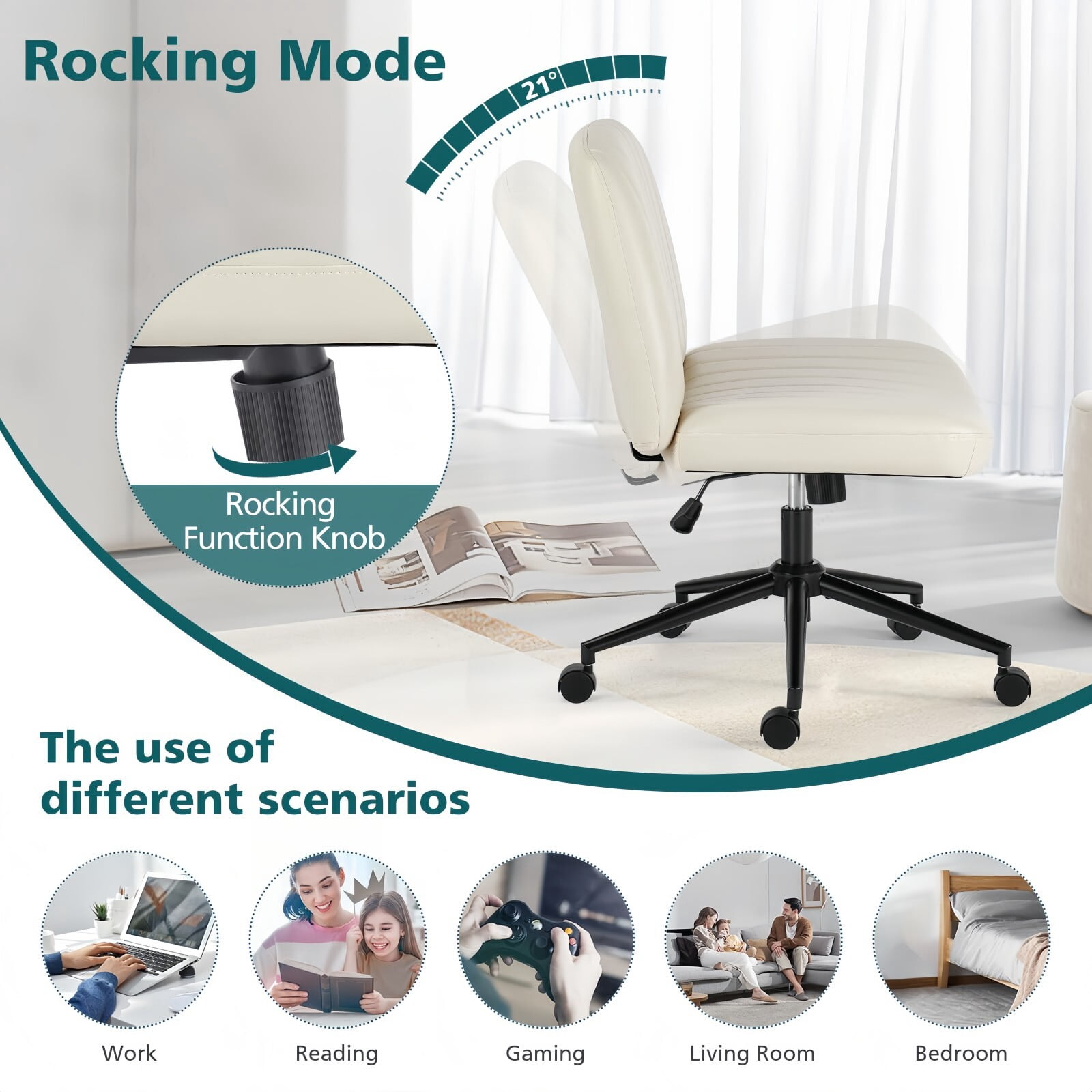 Kelno Armless Criss Cross Office Chair with Wheels 300lb Capacity Wide Seat Cross Legged Desk Chair Height Adjustable Swivel Vanity Chair, Beige PU