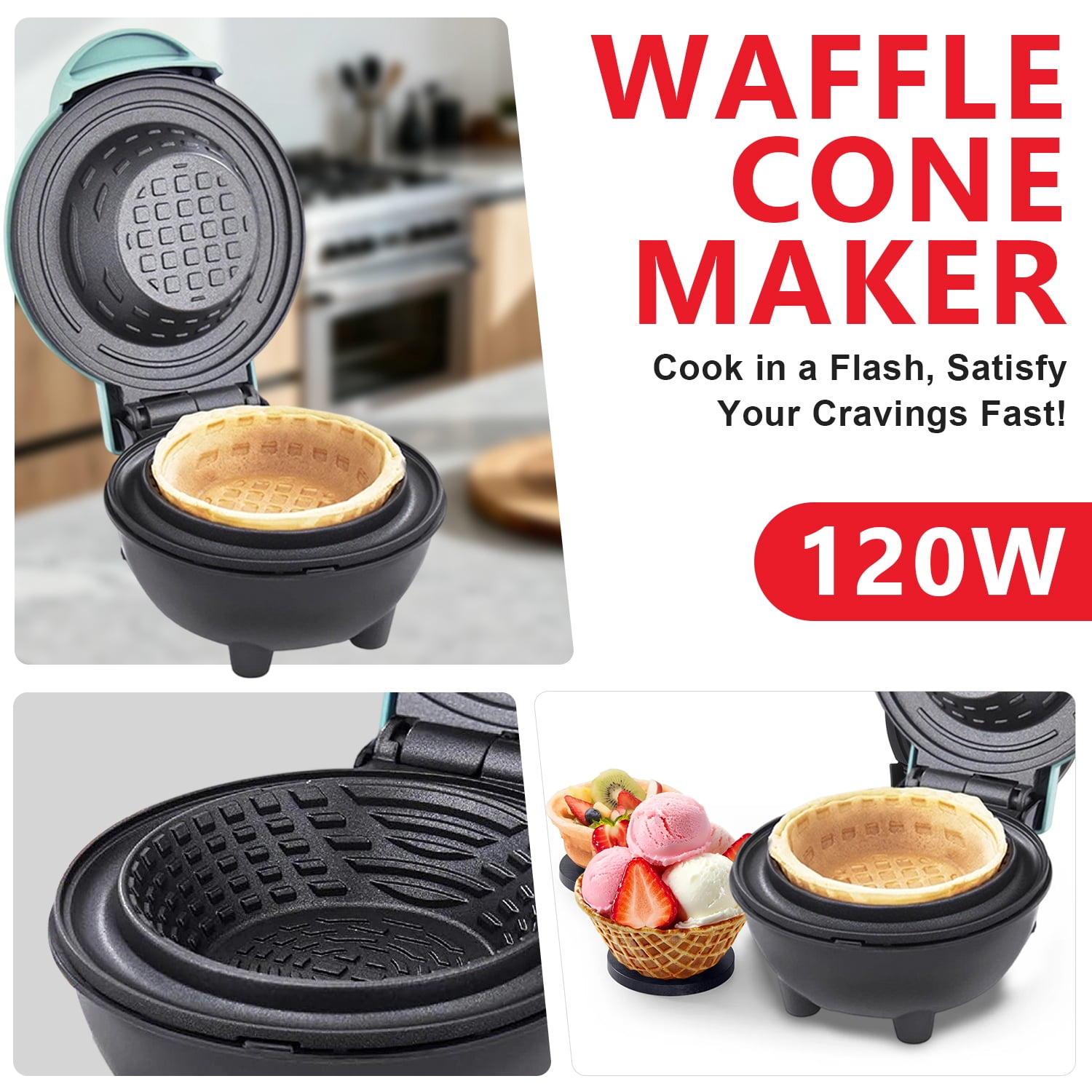Salange Electric Waffle Bowl Maker - 350W Non-Stick Dessert Maker with Indicator Light for Ice Cream Bowls, Cones, and Breakfast Waffles, Turquoise