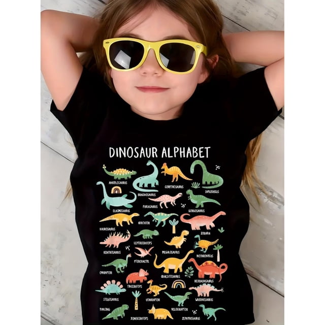 Dinosaur Print Creative T-Shirts, Soft & Elastic Comfy Crew Neck Short Sleeve Tee, Girls' Summer Tops