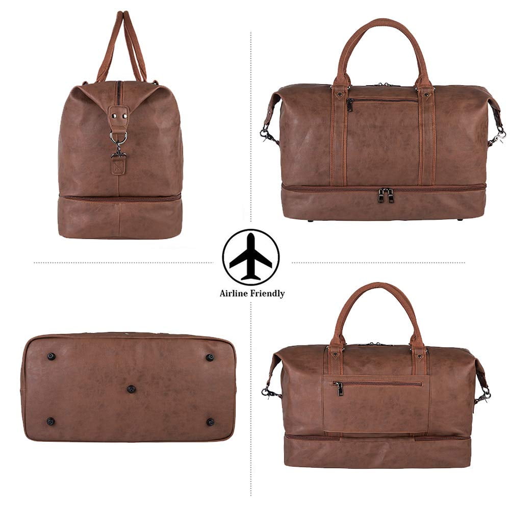 Travel Duffel Bag with Shoe Pouch Large Carry on Bag PU Leather Waterproof Weekender Overnight Bag for Men Women Brown