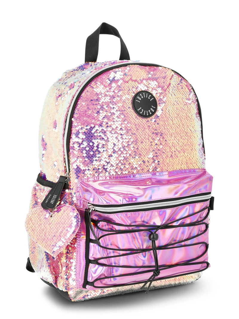Justice Girls 17" Iridescent Sequined Backpack, Lunch Bag, Water Bottle,  and Charm Set, 4-Piece, Pink