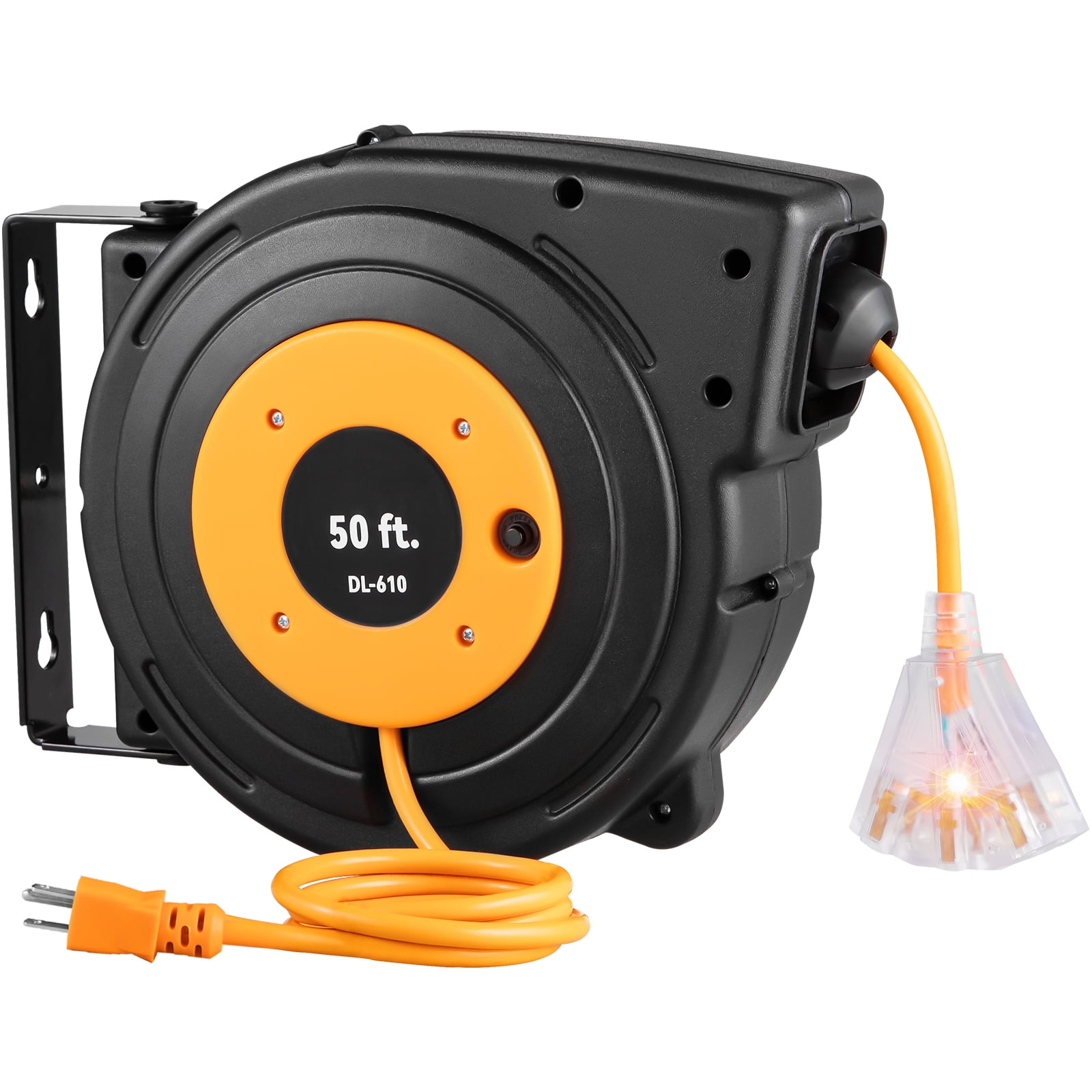 KFFKFF 14 Gauge Extension Cord Reel, 50 ft Retractable Extension Cord, 14 AWG/3C SJTOW Cable with Illuminated Triple Tap Socket, 13 Amp Circuit Breaker, 180° Pivoting Bracket for Overhead