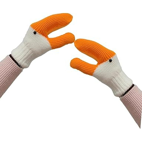 Duck Goose Winter Gloves, Knitted Funny Design, Warm Fleece Lined Mittens, Orange and White