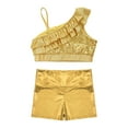 thumbnail image 3 of Alvivi Girls Gymnastic Ballet Dance Outfits Sequin Asymmetrical Shoulder Ruffle Crop Top with Shorts Set Metallic Gold 10, 3 of 7