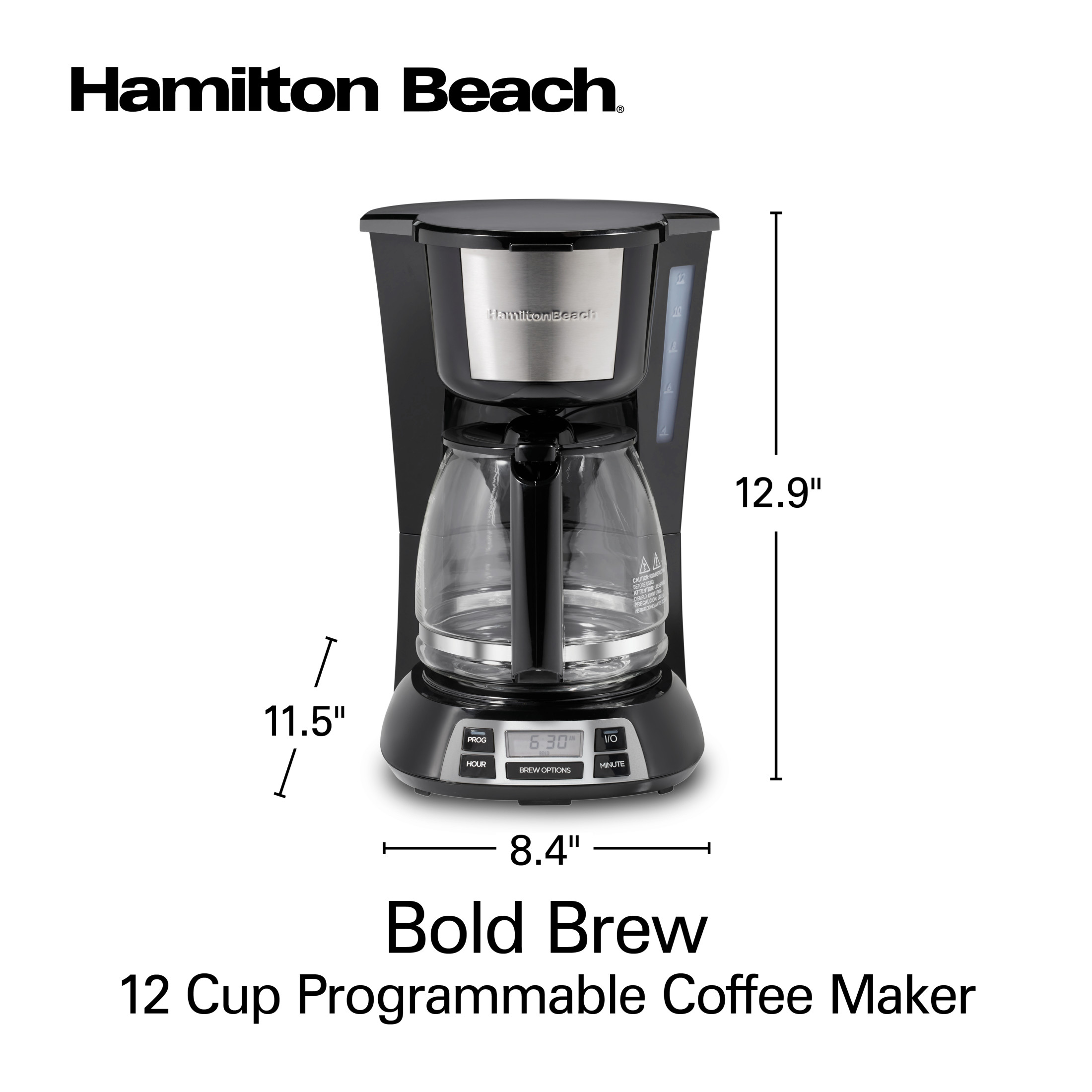 Cafetera programable Hamilton Beach Bold Brew de 12 tazas con jarra de vidrio, negra 8