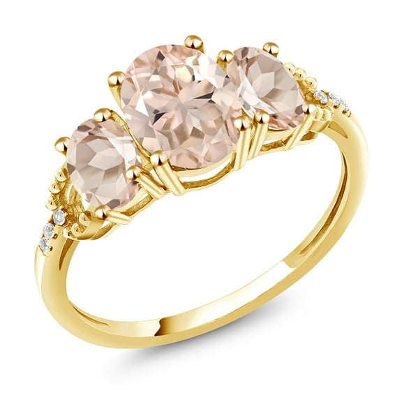 Gem Stone King 2.04 Cttw 10K Yellow Gold Peach Morganite and Accent Diamond 3-Stone Engagement Ring | Three Stone Wedding Anniversary Promise Gold Ring for Women (Size 7)