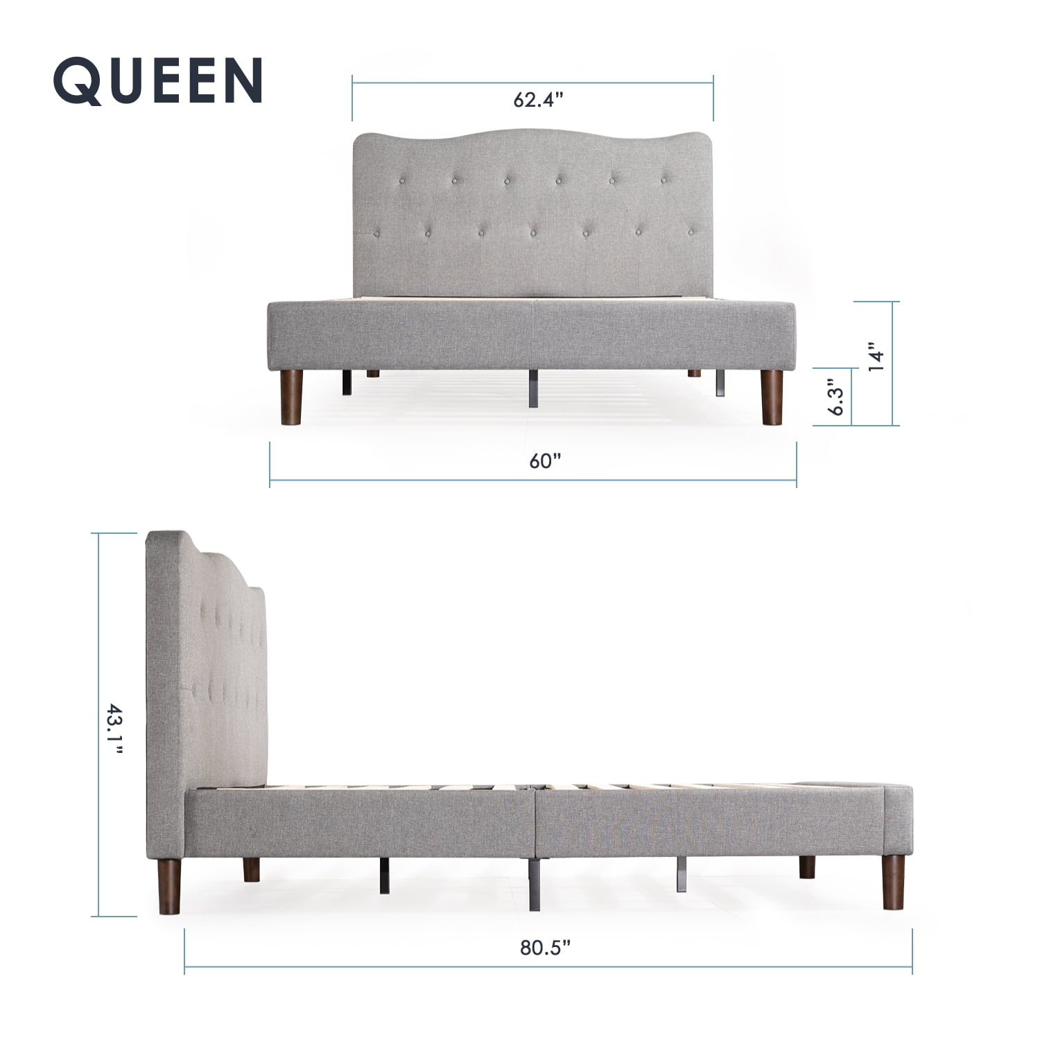 Mellow Janne Upholstered Platform Bed with Tufted Headboard, Classic Grey, Queen