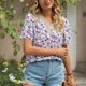 thumbnail image 5 of Blusa de encaje de guipur Top estampado estampado Casual ajustado manga corta escote en V Blusa de encaje de guipur para mujer, 5 of 8