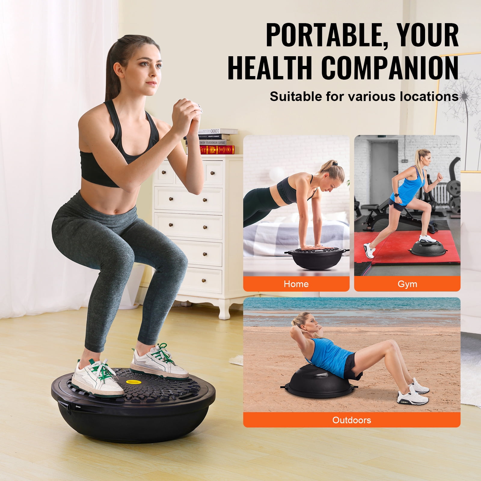 KFFKFF Half Workout Sphere, 26-inch Equilibrium Sphere, 1500lbs Load-Bearing Stability Sphere, Exercise Sphere with Resistance Loops & Foot Inflator, for Domestic Gym Total Body Exercise Black