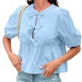 thumbnail image 2 of LANGWYQU Half Sleeve Women Puff Sleeve Pure Color Tie Front Blouse Shirt, 2 of 4