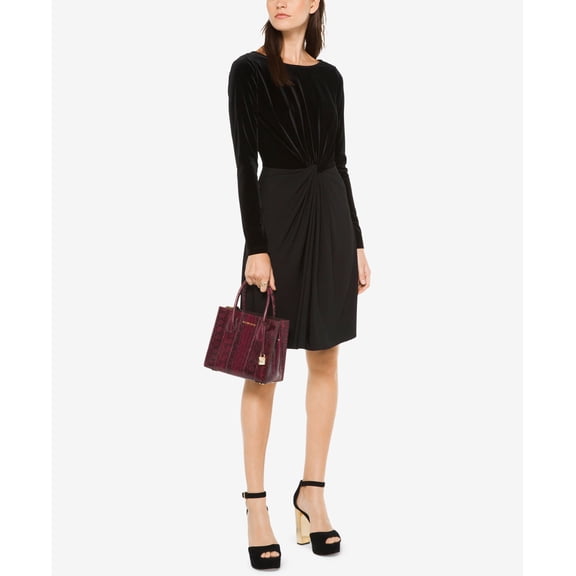 MICHAEL KORS Womens Black Velvet Top  Twist Front Long Sleeve Jewel Neck Above The Knee Sheath Cocktail Dress  Size: L