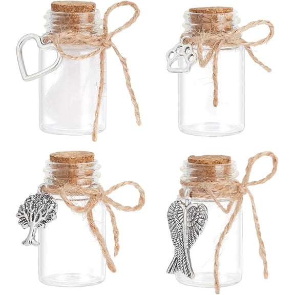 PH 4pcs Pet Hair Memorial Bottle Pet Memorial Urn Glass Vial Clear Cat Dog Hair Keepsake Ashes Holder with Silver Charms Clear
