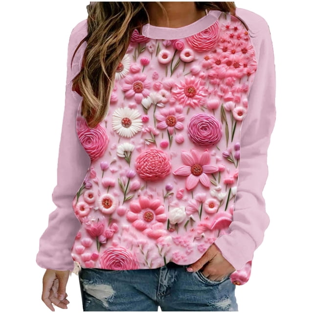 VALMASS Chandails en Molleton Col Rond pour Femmes Saint-Valentin Imprimé Floral Manches Longues Mode Décontractée Blouses Sans Capuche (2TG, Rose)