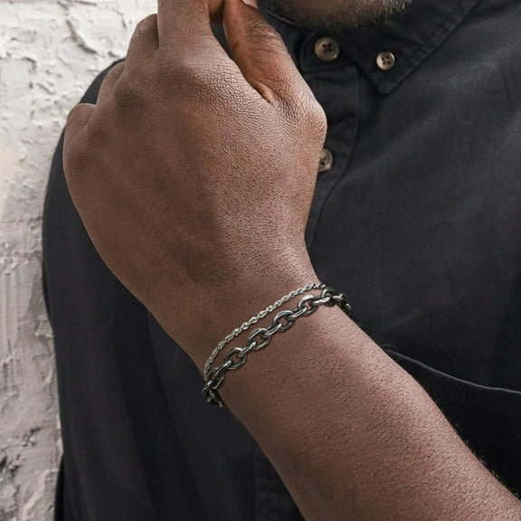 2Pcs 14K White Gold Bracelets for Men Boys,Adjustable 2 Layers Box Chain Rolo Chain Link Wristband,Stylish Jewelry