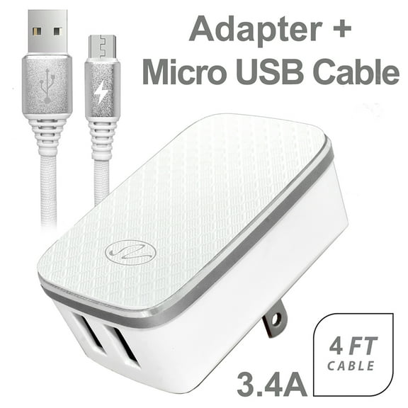 3.4A 2in1 Universal Dual USB Port Travel Wall Charger Adapter With Micro USB Cable - White