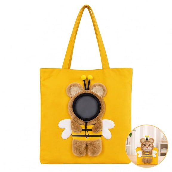 Pet Carrier Bag for Cats and Small Dogs, Cute Cat Head Shape Canvas Shoulder Tote with Safety Tether, Breathable Head-Out Design for Walks Travel (LSize 17.3x17.3 Inch)